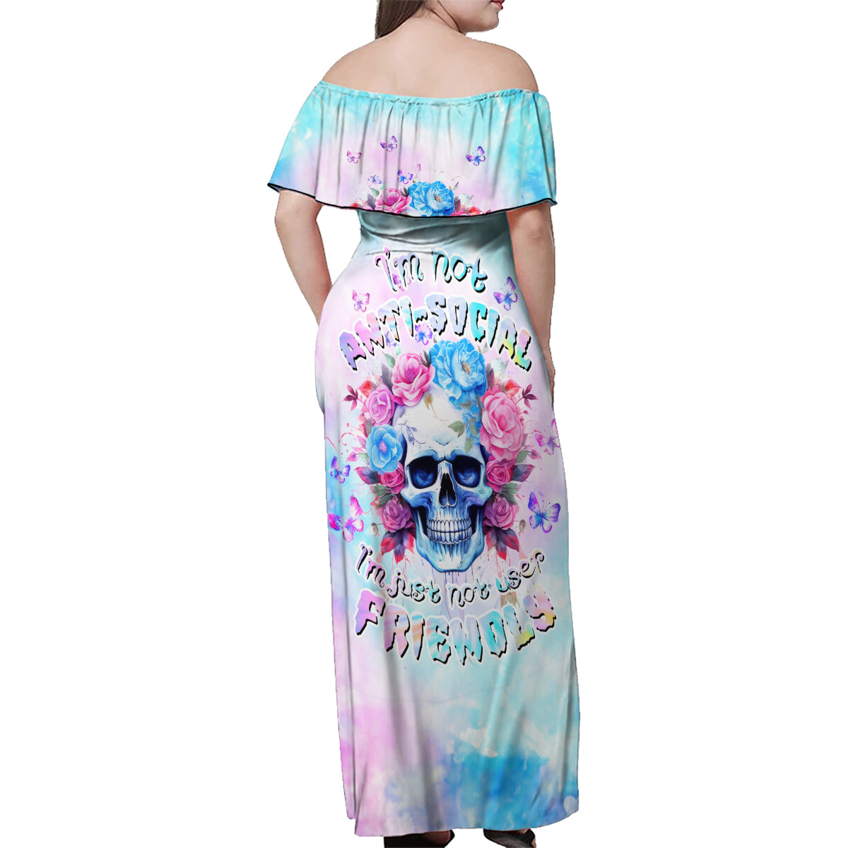 Flower Skull Family Matching Off Shoulder Maxi Dress and Hawaiian Shirt I'm Not Anti-Social I'm Just Not User Friendly - Wonder Print Shop
