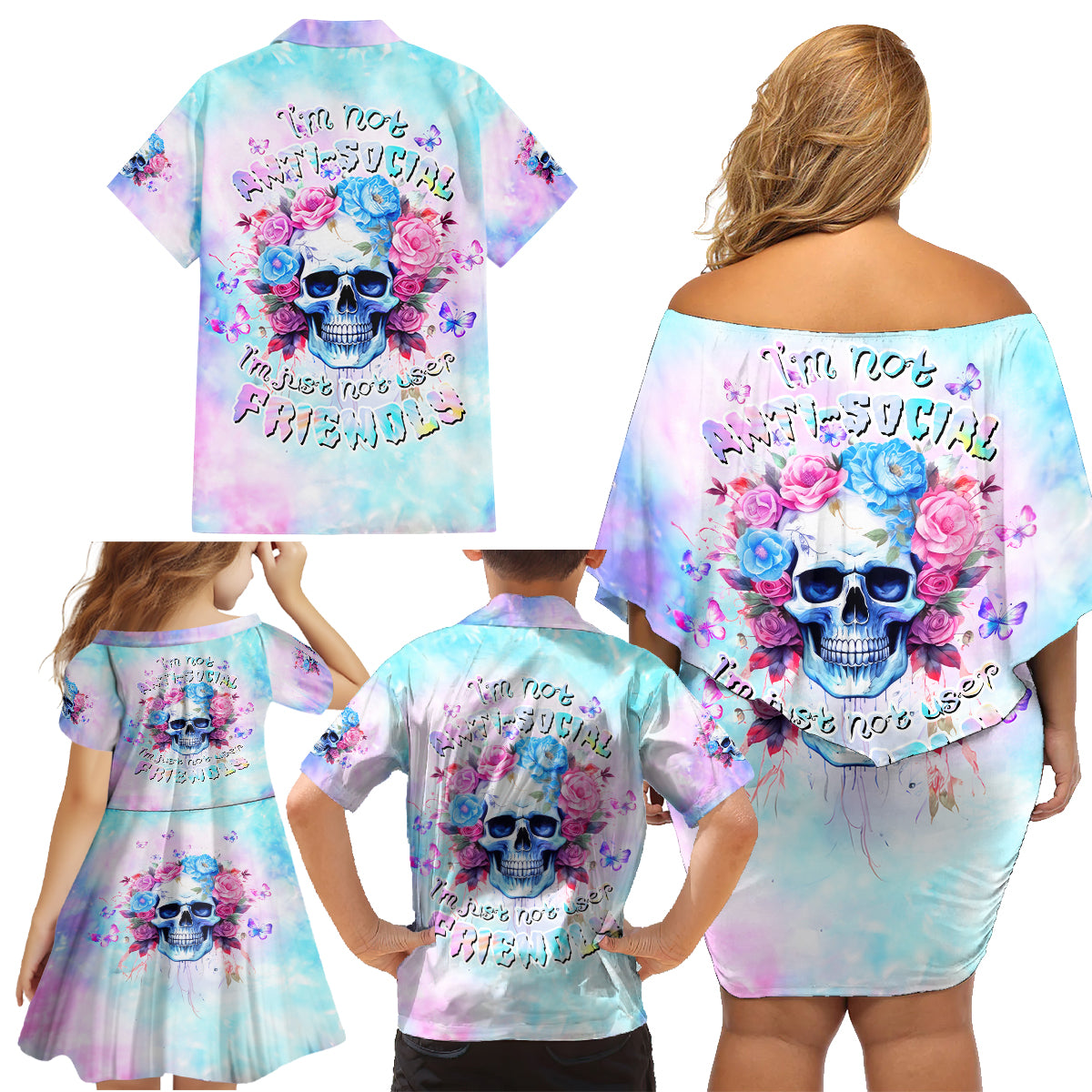Flower Skull Family Matching Off Shoulder Short Dress and Hawaiian Shirt I'm Not Anti-Social I'm Just Not User Friendly - Wonder Print Shop