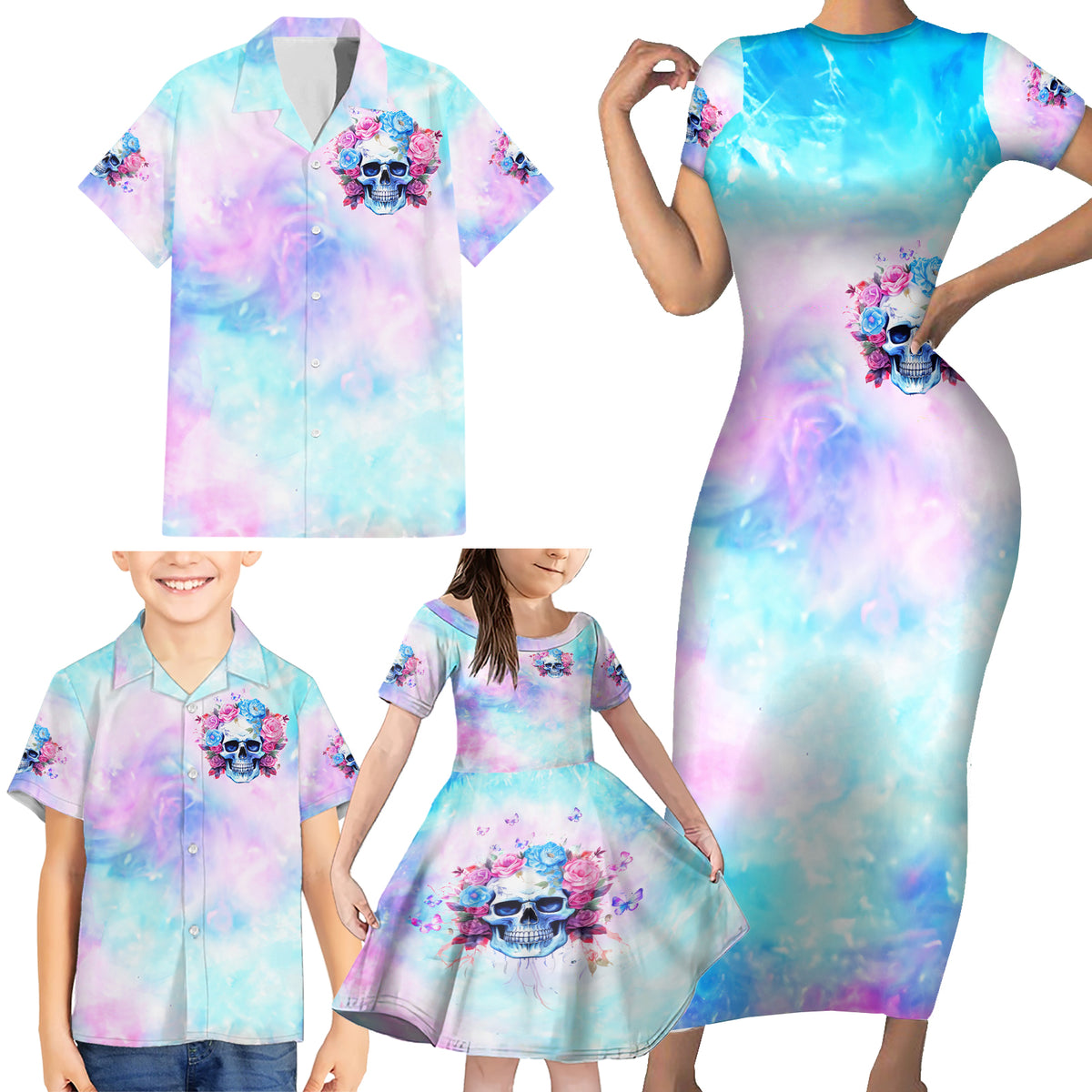 Flower Skull Family Matching Short Sleeve Bodycon Dress and Hawaiian Shirt I'm Not Anti-Social I'm Just Not User Friendly - Wonder Print Shop