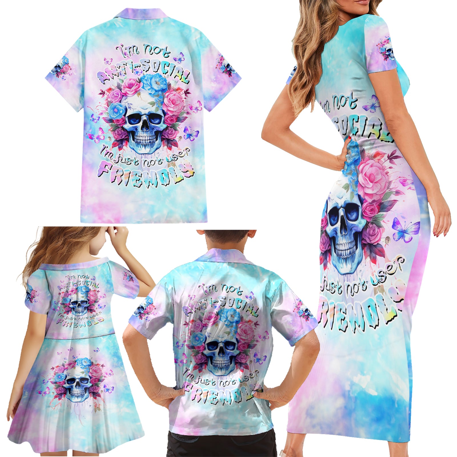 Flower Skull Family Matching Short Sleeve Bodycon Dress and Hawaiian Shirt I'm Not Anti-Social I'm Just Not User Friendly - Wonder Print Shop