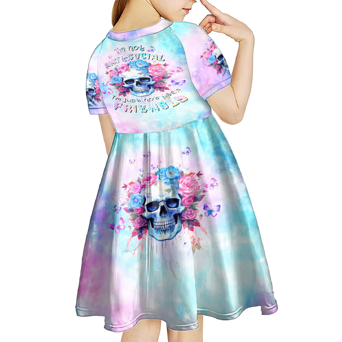 Flower Skull Kid Short Sleeve Dress I'm Not Anti-Social I'm Just Not User Friendly - Wonder Print Shop