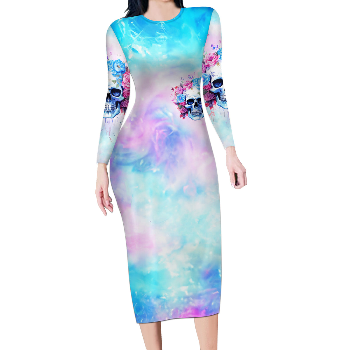 Flower Skull Long Sleeve Bodycon Dress I'm Not Anti-Social I'm Just Not User Friendly - Wonder Print Shop
