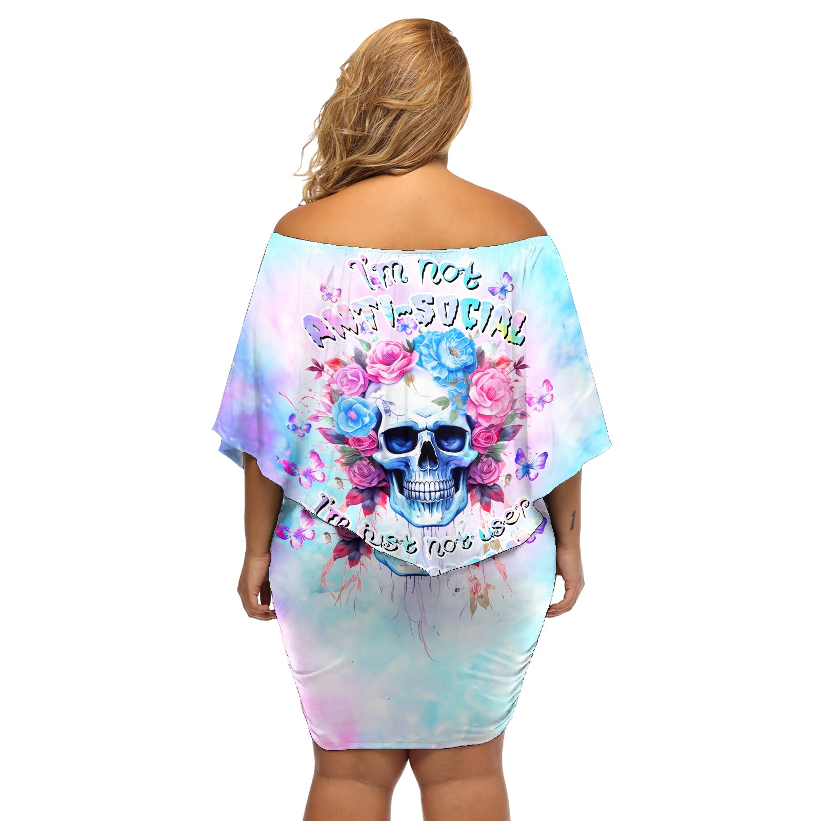 Flower Skull Off Shoulder Short Dress I'm Not Anti-Social I'm Just Not User Friendly - Wonder Print Shop