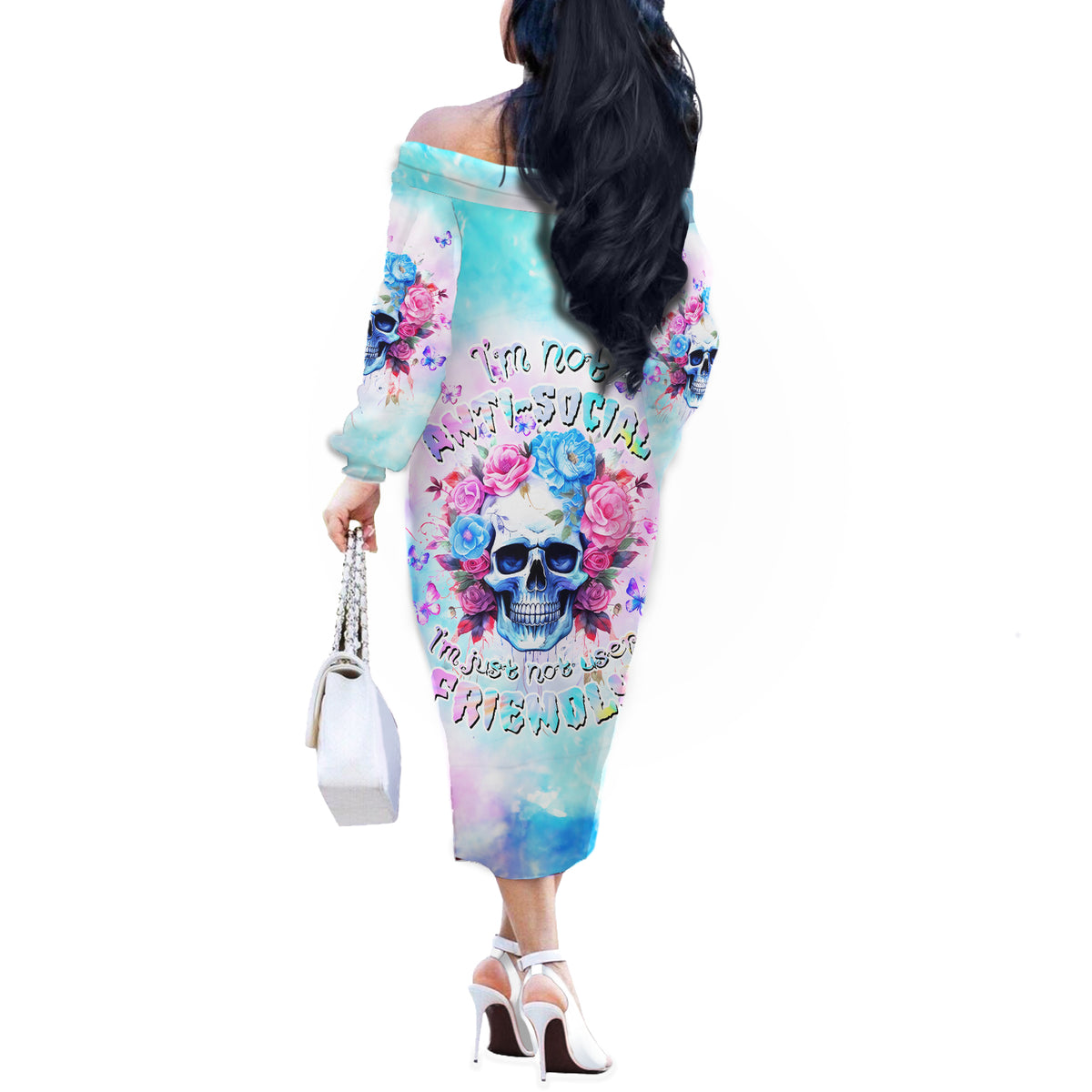 Flower Skull Off The Shoulder Long Sleeve Dress I'm Not Anti-Social I'm Just Not User Friendly - Wonder Print Shop