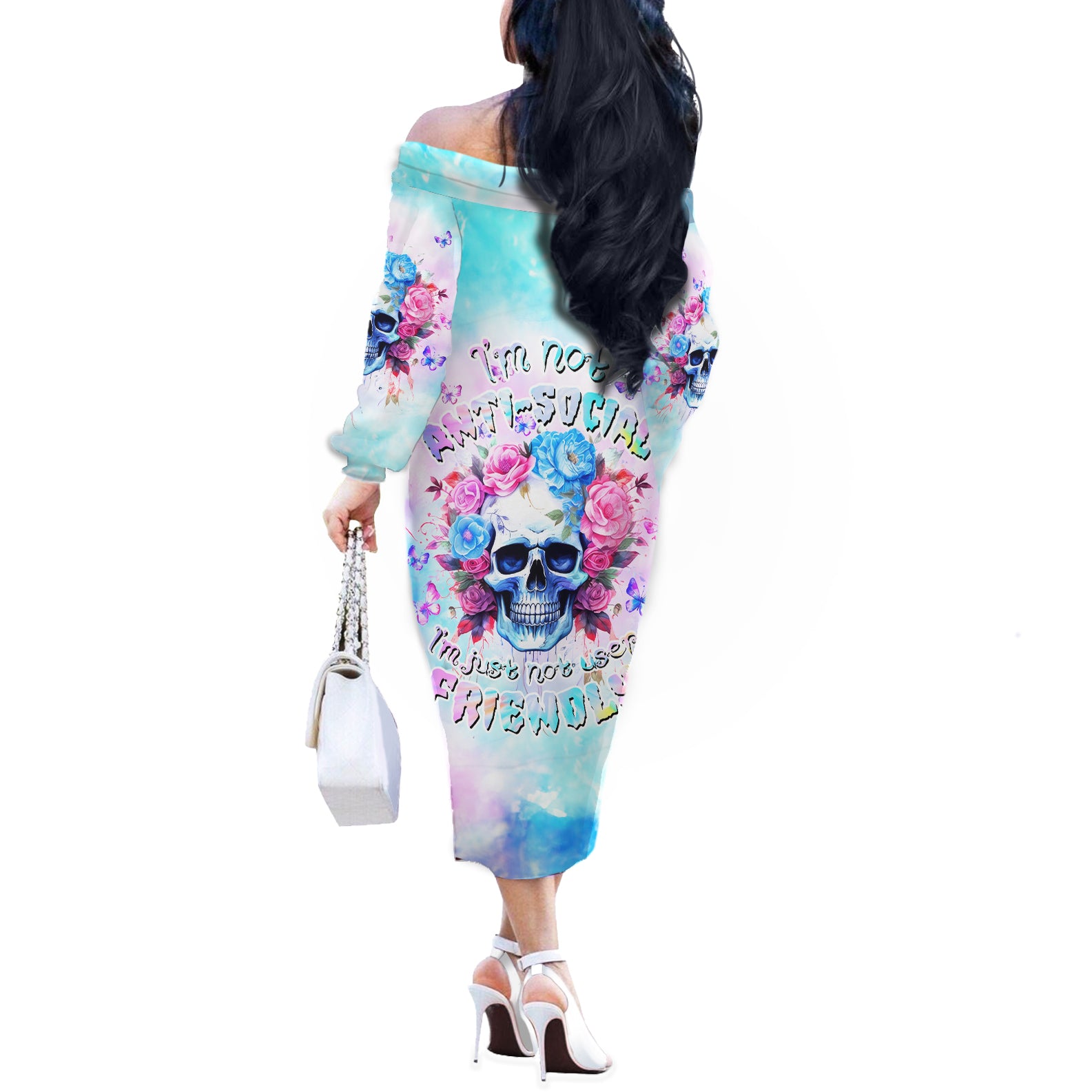 Flower Skull Off The Shoulder Long Sleeve Dress I'm Not Anti-Social I'm Just Not User Friendly - Wonder Print Shop