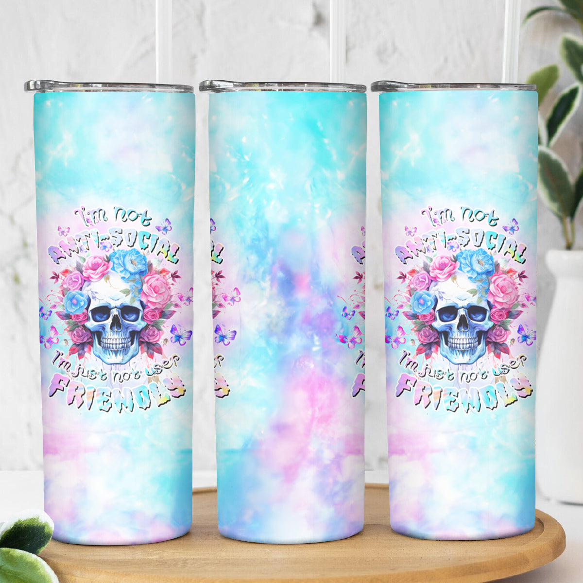 Flower Skull Skinny Tumbler I'm Not Anti-Social I'm Just Not User Friendly - Wonder Print Shop