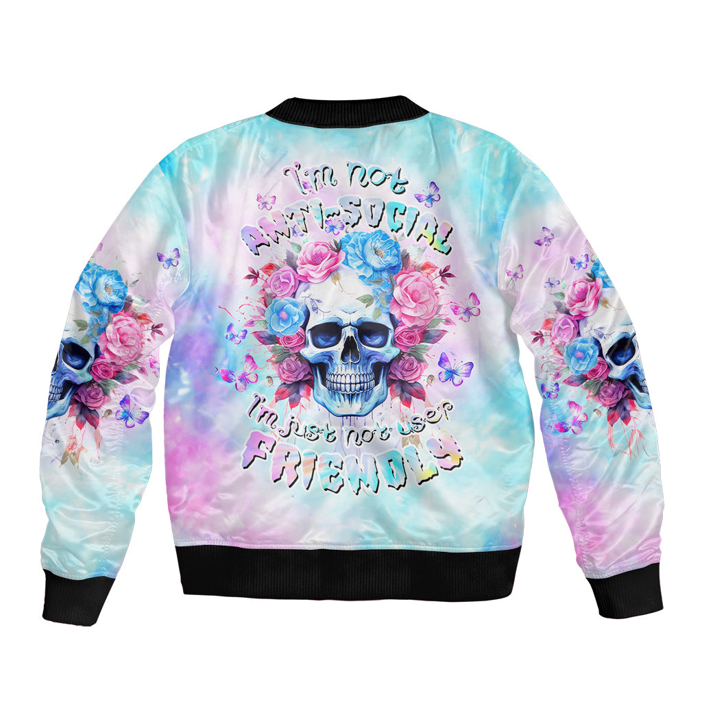 Flower Skull Sleeve Zip Bomber Jacket I'm Not Anti-Social I'm Just Not User Friendly - Wonder Print Shop