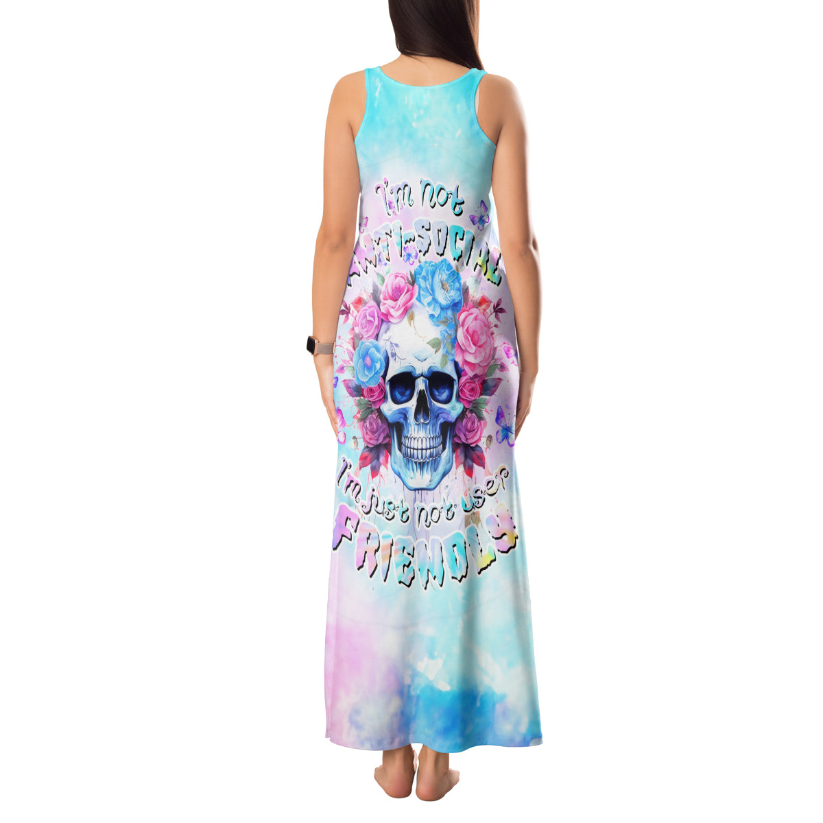 Flower Skull Tank Maxi Dress I'm Not Anti-Social I'm Just Not User Friendly - Wonder Print Shop