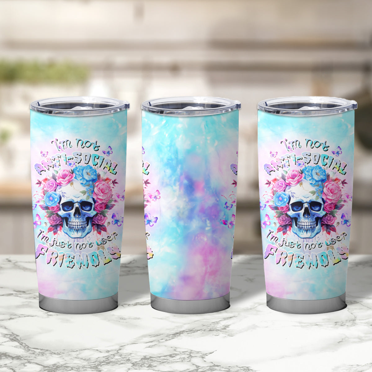 Flower Skull Tumbler Cup I'm Not Anti-Social I'm Just Not User Friendly - Wonder Print Shop