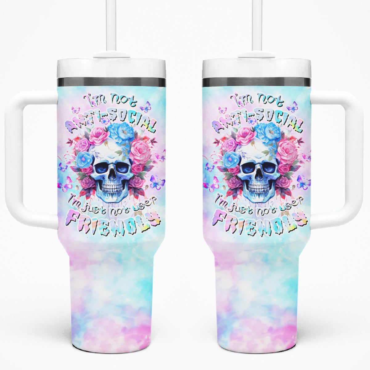 Flower Skull Tumbler With Handle I'm Not Anti-Social I'm Just Not User Friendly - Wonder Print Shop