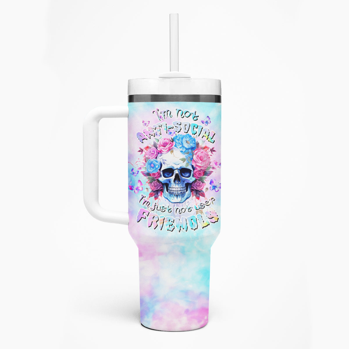 Flower Skull Tumbler With Handle I'm Not Anti-Social I'm Just Not User Friendly - Wonder Print Shop