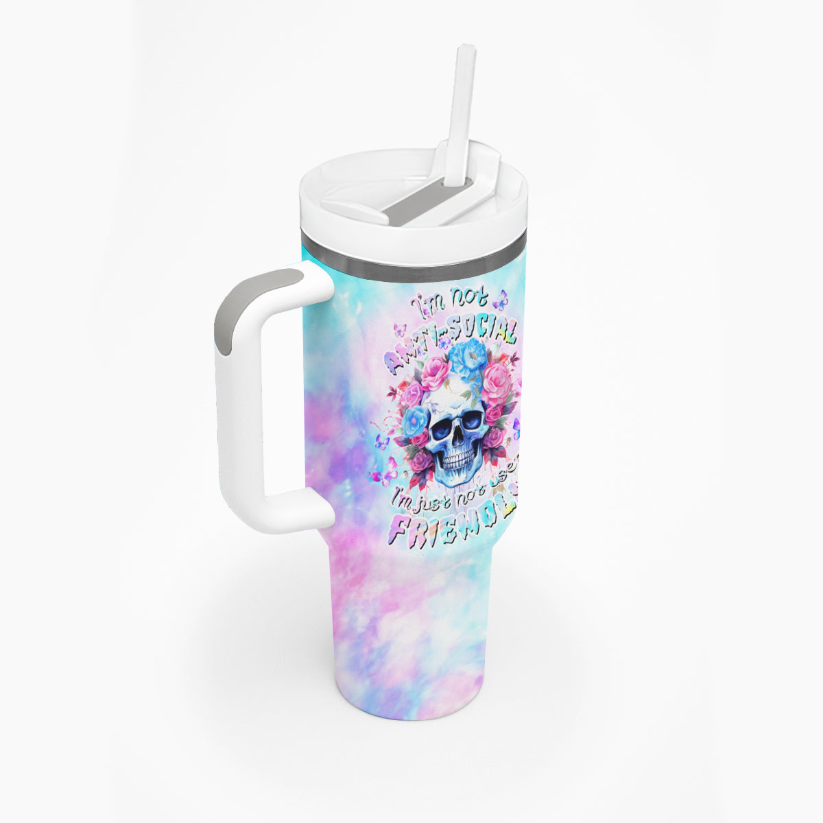 Flower Skull Tumbler With Handle I'm Not Anti-Social I'm Just Not User Friendly - Wonder Print Shop