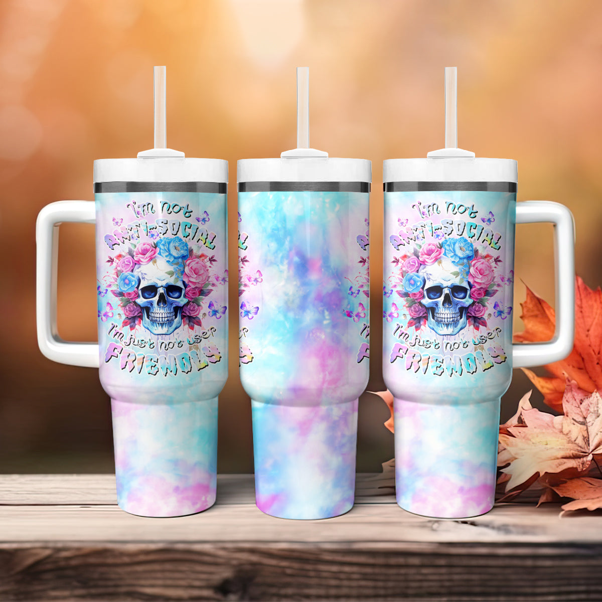 Flower Skull Tumbler With Handle I'm Not Anti-Social I'm Just Not User Friendly - Wonder Print Shop