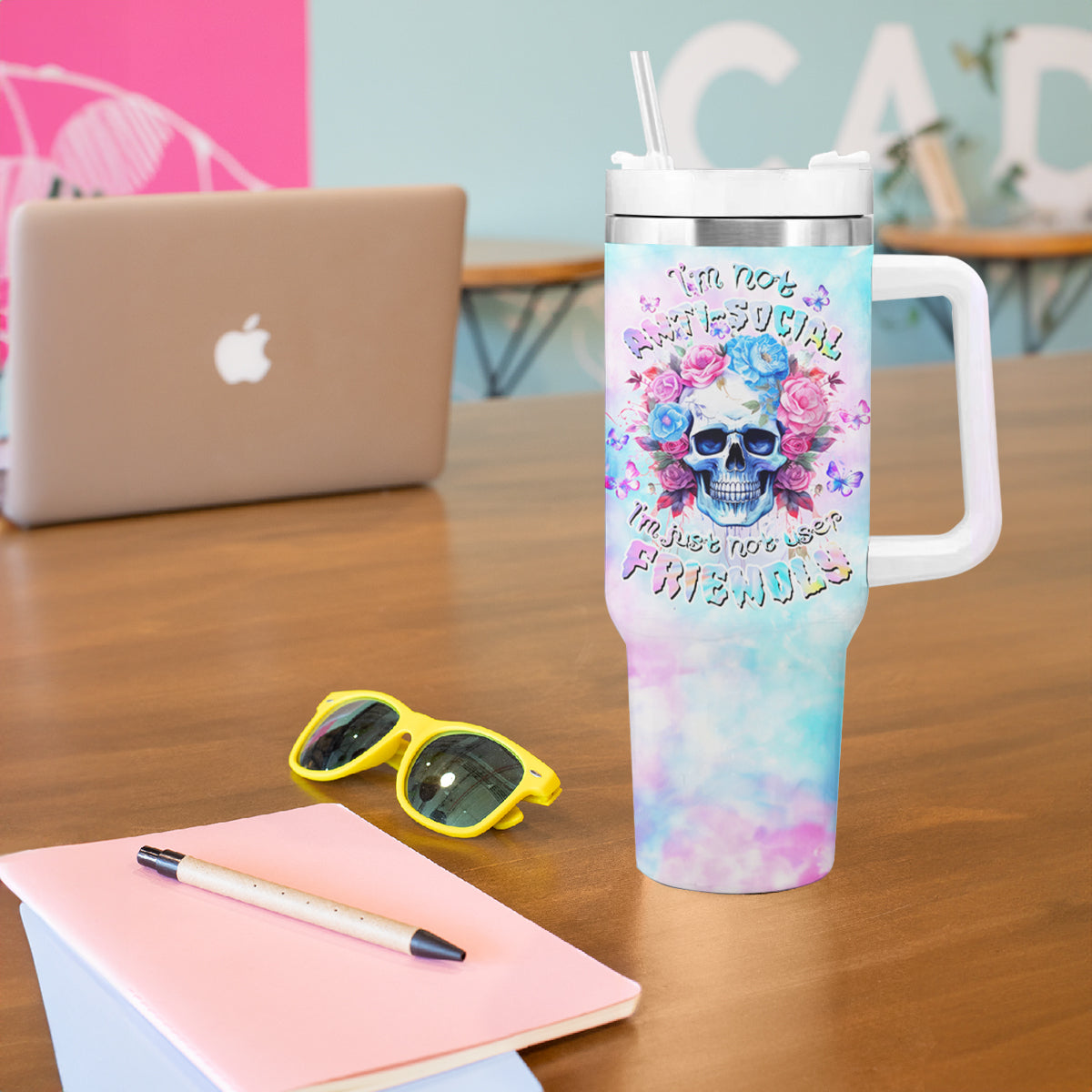 Flower Skull Tumbler With Handle I'm Not Anti-Social I'm Just Not User Friendly - Wonder Print Shop