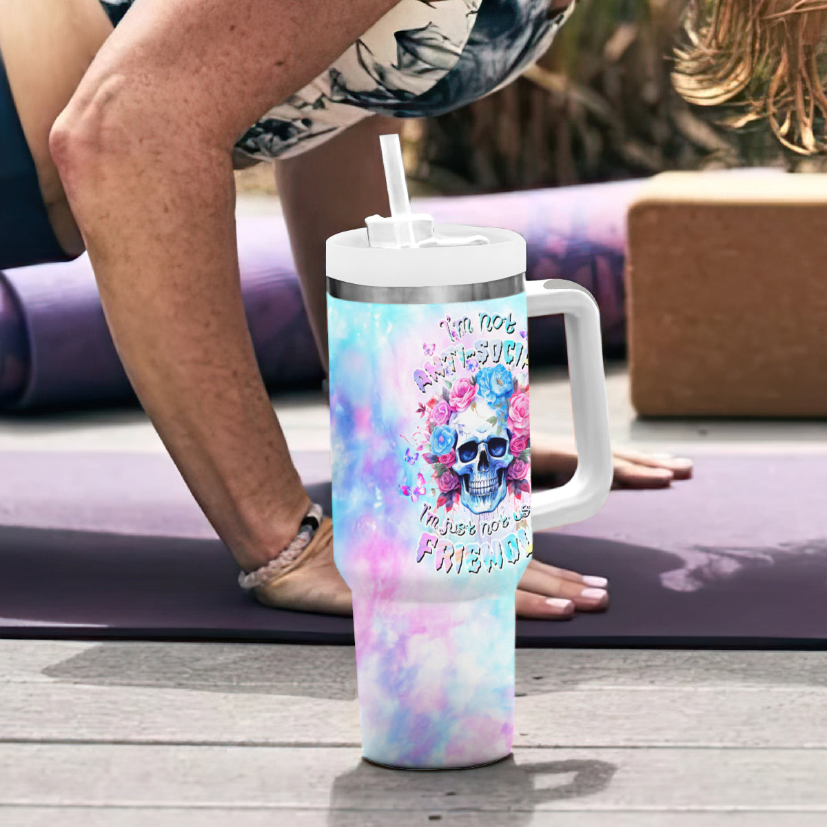 Flower Skull Tumbler With Handle I'm Not Anti-Social I'm Just Not User Friendly - Wonder Print Shop