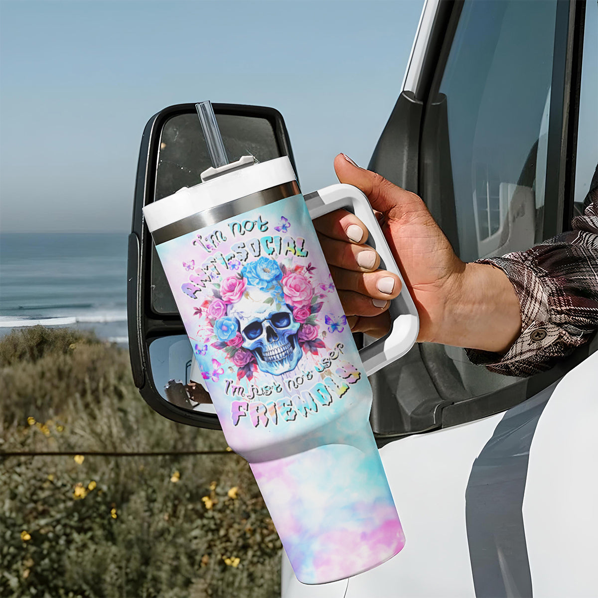 Flower Skull Tumbler With Handle I'm Not Anti-Social I'm Just Not User Friendly - Wonder Print Shop