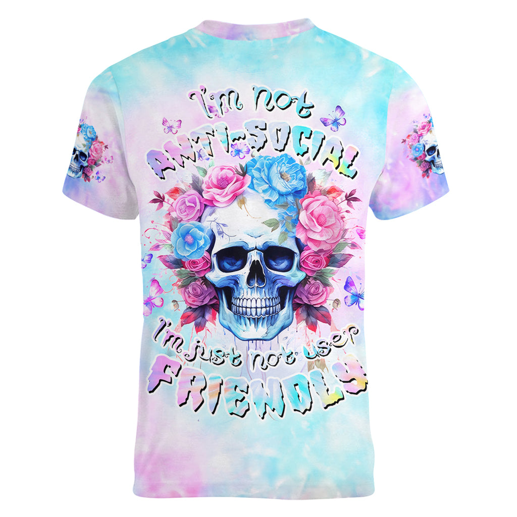 Flower Skull Women V Neck T Shirt I'm Not Anti-Social I'm Just Not User Friendly - Wonder Print Shop