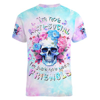 Flower Skull Women V Neck T Shirt I'm Not Anti-Social I'm Just Not User Friendly - Wonder Print Shop