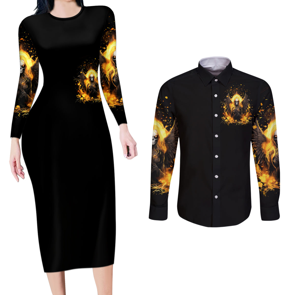 Angel Skull Couples Matching Long Sleeve Bodycon Dress and Long Sleeve Button Shirt Underestimate Me That 'll Be Fun - Wonder Print Shop