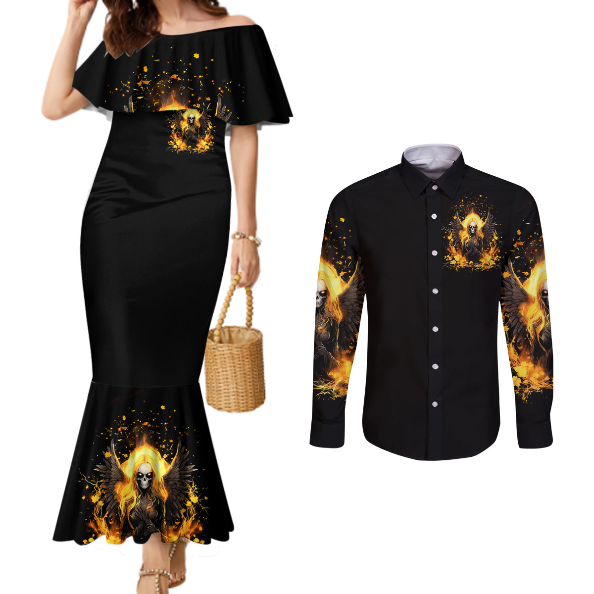 Angel Skull Couples Matching Mermaid Dress and Long Sleeve Button Shirt Underestimate Me That 'll Be Fun
