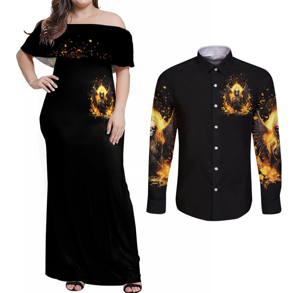 Angel Skull Couples Matching Off Shoulder Maxi Dress and Long Sleeve Button Shirt Underestimate Me That 'll Be Fun - Wonder Print Shop