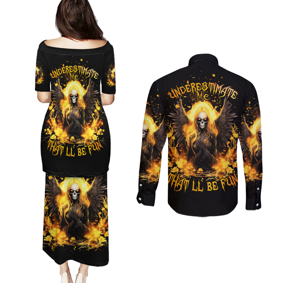 Angel Skull Couples Matching Puletasi and Long Sleeve Button Shirt Underestimate Me That 'll Be Fun - Wonder Print Shop
