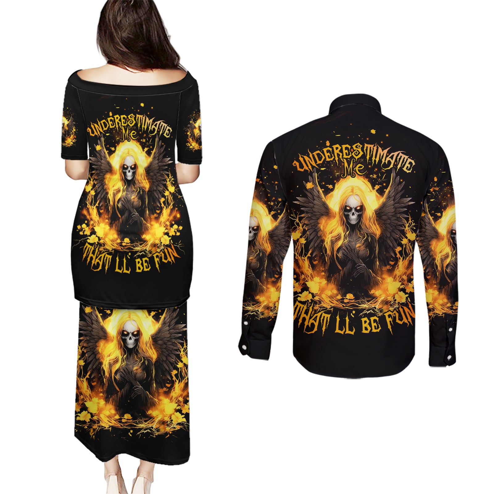 Angel Skull Couples Matching Puletasi and Long Sleeve Button Shirt Underestimate Me That 'll Be Fun - Wonder Print Shop
