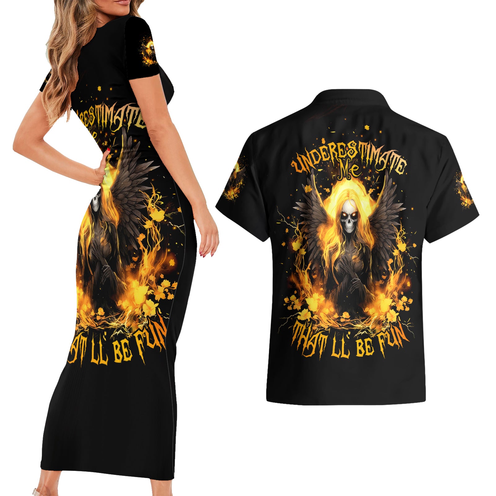 Angel Skull Couples Matching Short Sleeve Bodycon Dress and Hawaiian Shirt Underestimate Me That 'll Be Fun - Wonder Print Shop