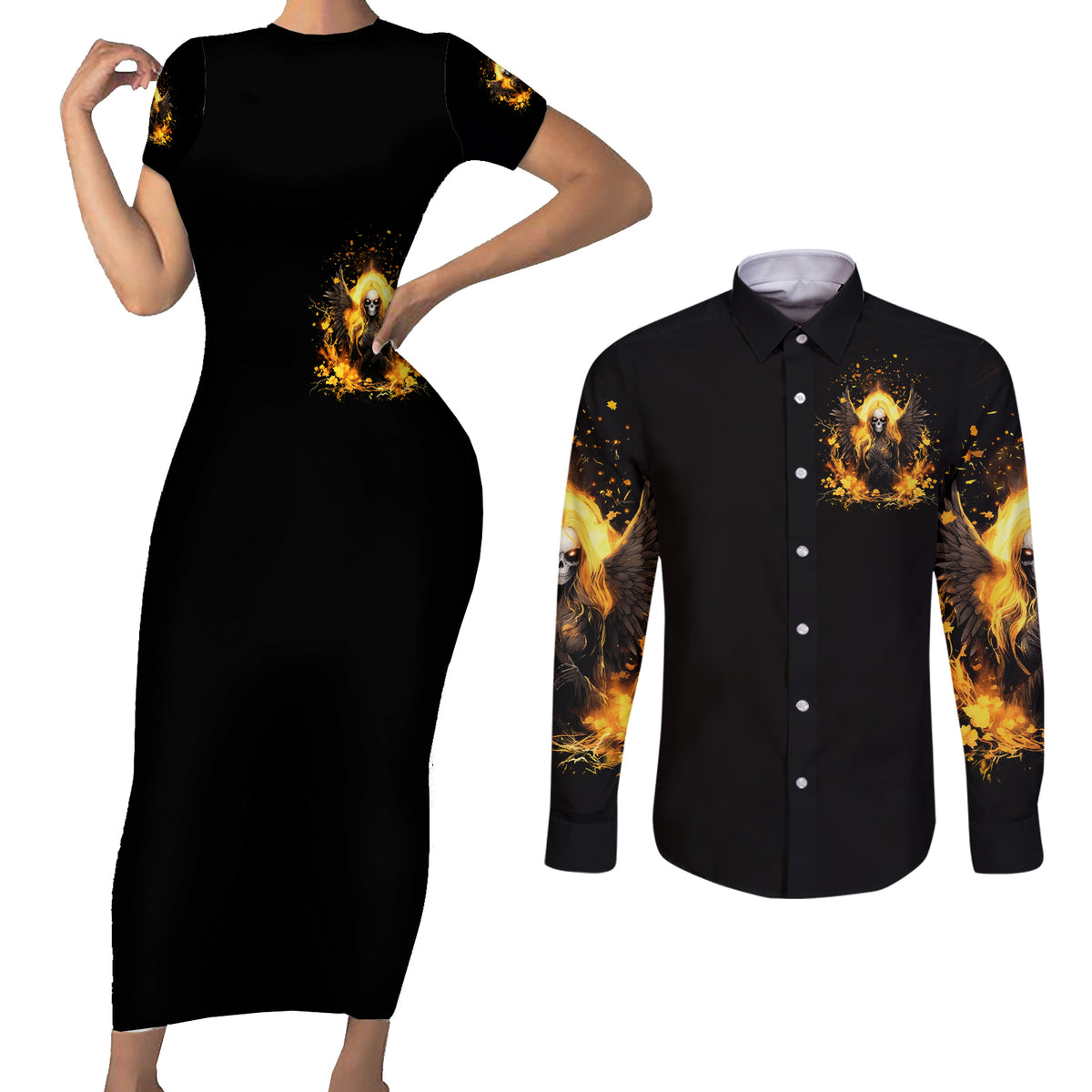 Angel Skull Couples Matching Short Sleeve Bodycon Dress and Long Sleeve Button Shirt Underestimate Me That 'll Be Fun - Wonder Print Shop