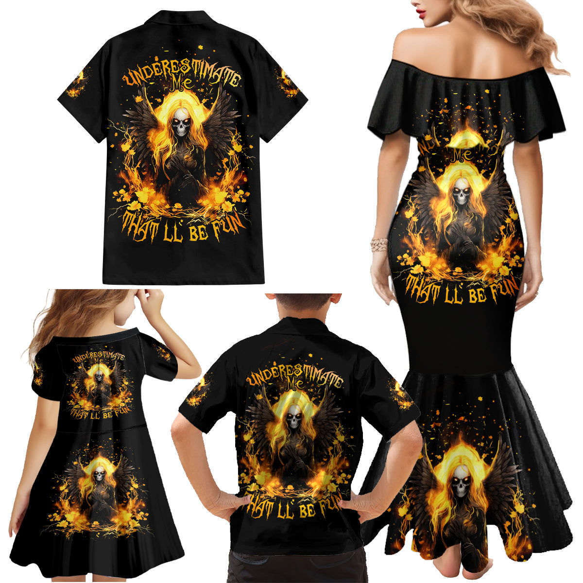 Angel Skull Family Matching Mermaid Dress and Hawaiian Shirt Underestimate Me That 'll Be Fun - Wonder Print Shop