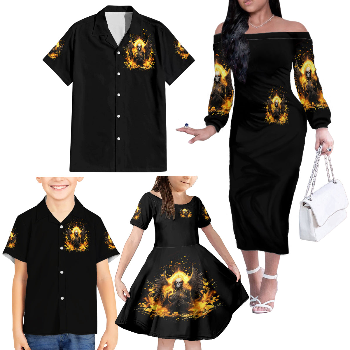 Angel Skull Family Matching Off Shoulder Long Sleeve Dress and Hawaiian Shirt Underestimate Me That 'll Be Fun - Wonder Print Shop