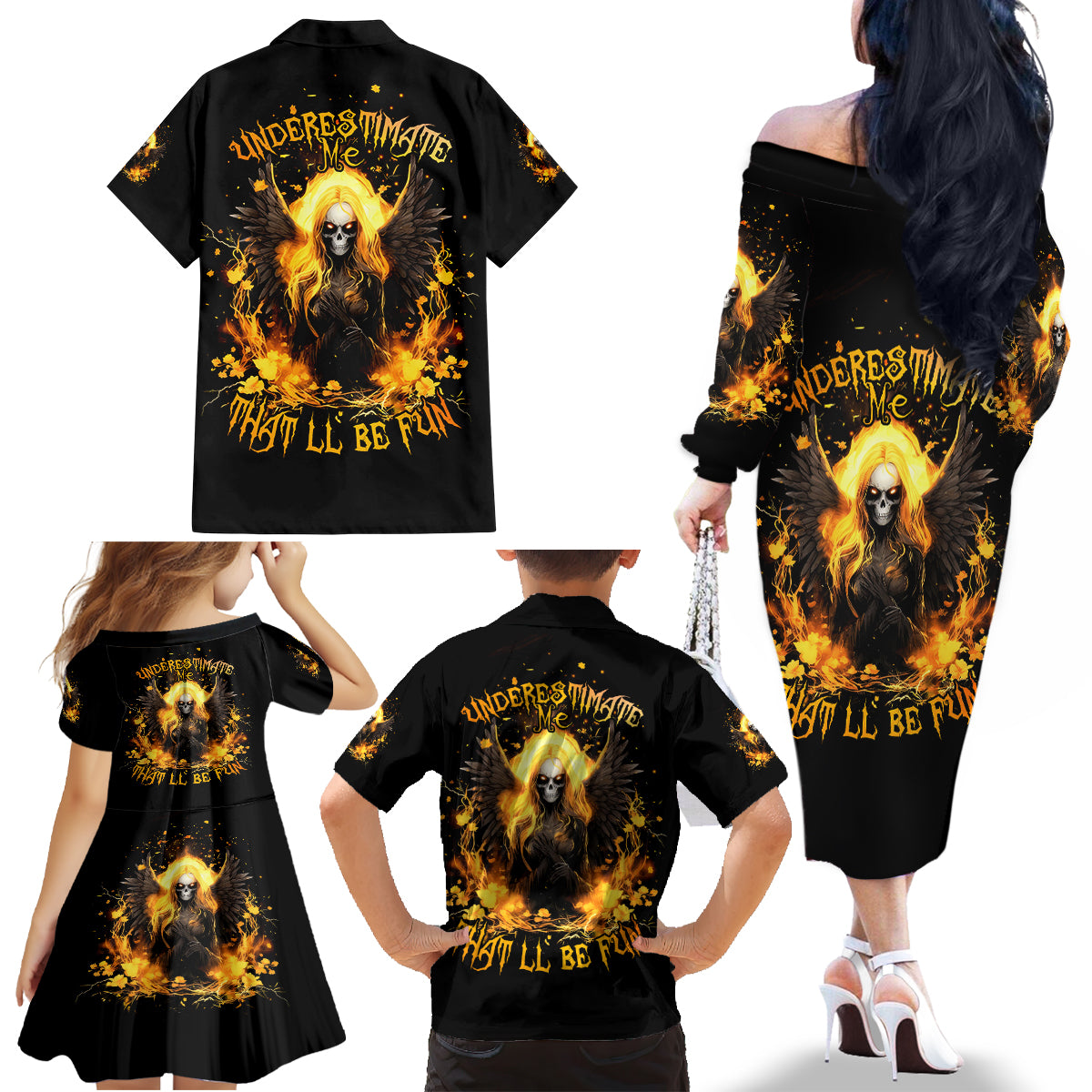 Angel Skull Family Matching Off Shoulder Long Sleeve Dress and Hawaiian Shirt Underestimate Me That 'll Be Fun - Wonder Print Shop