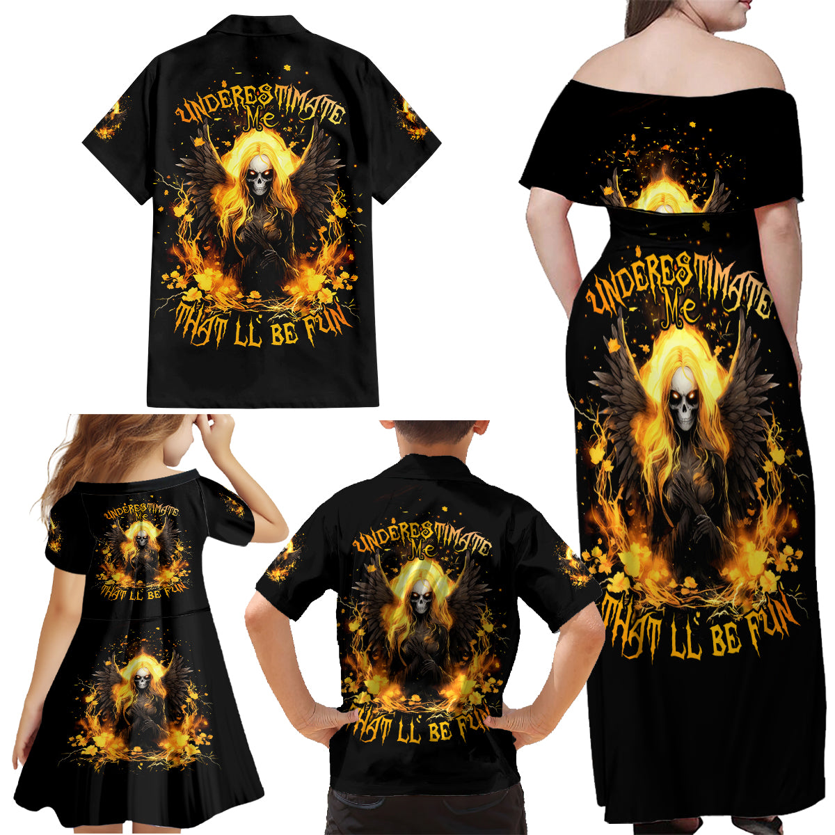 Angel Skull Family Matching Off Shoulder Maxi Dress and Hawaiian Shirt Underestimate Me That 'll Be Fun - Wonder Print Shop