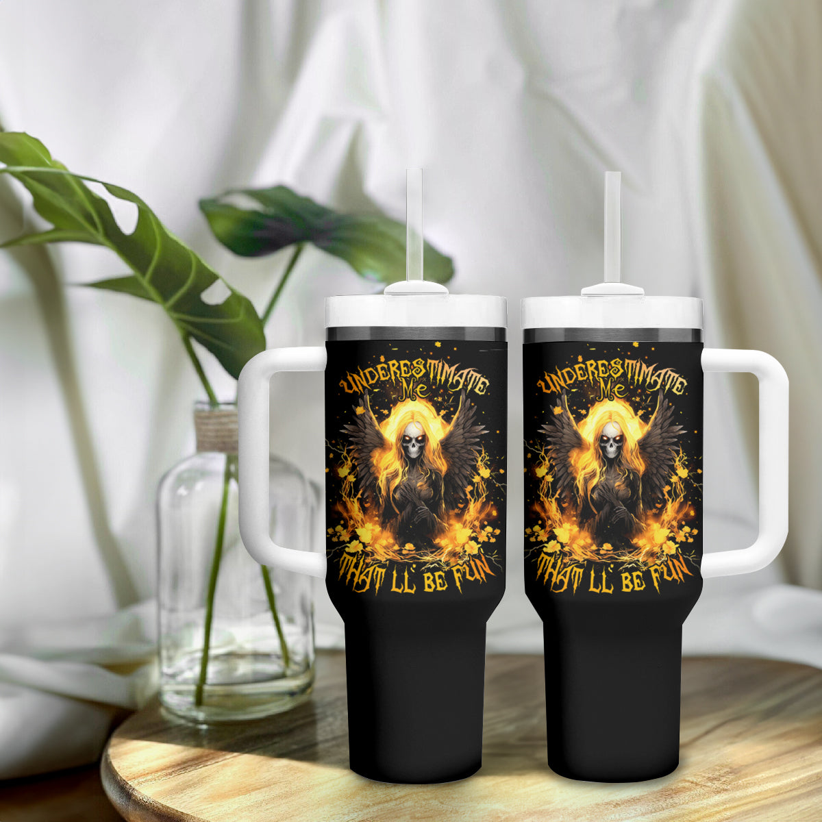 Angel Skull Tumbler With Handle Underestimate Me That 'll Be Fun - Wonder Print Shop