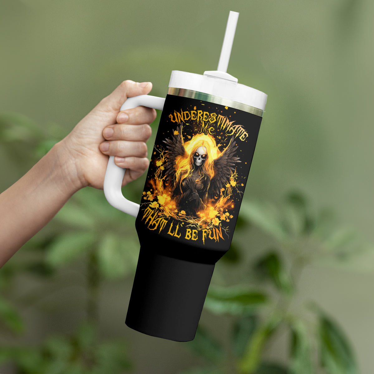 Angel Skull Tumbler With Handle Underestimate Me That 'll Be Fun - Wonder Print Shop