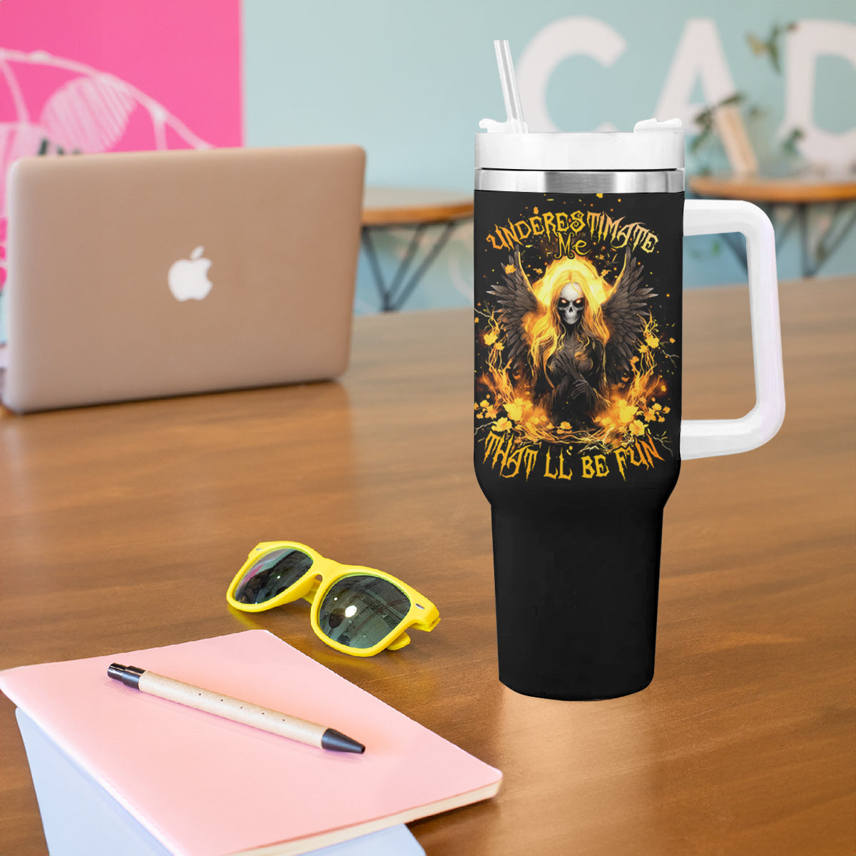 Angel Skull Tumbler With Handle Underestimate Me That 'll Be Fun - Wonder Print Shop