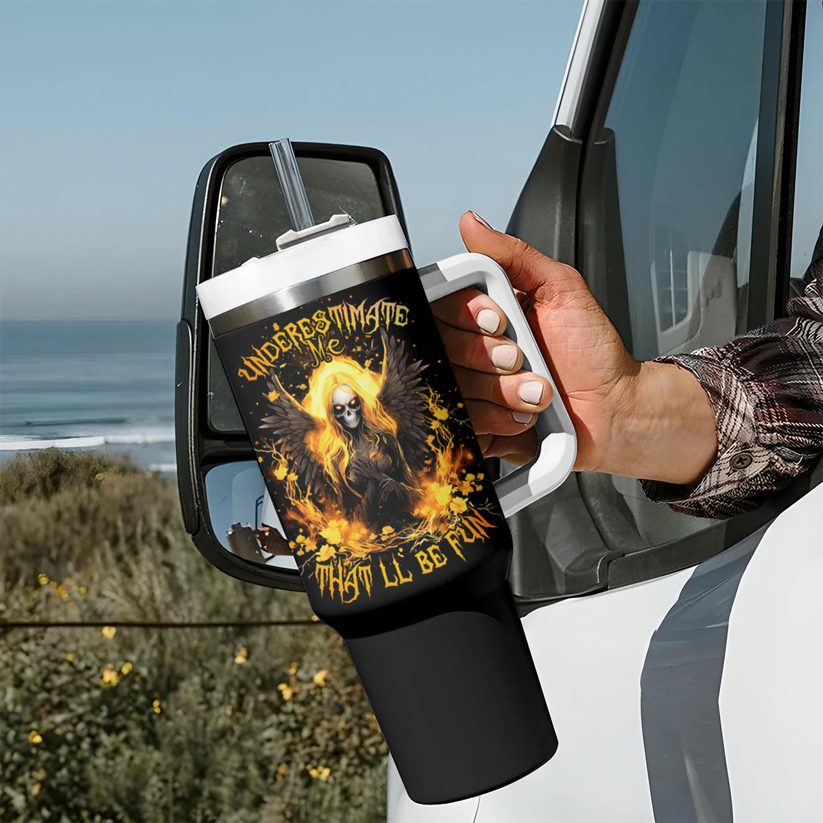 Angel Skull Tumbler With Handle Underestimate Me That 'll Be Fun - Wonder Print Shop