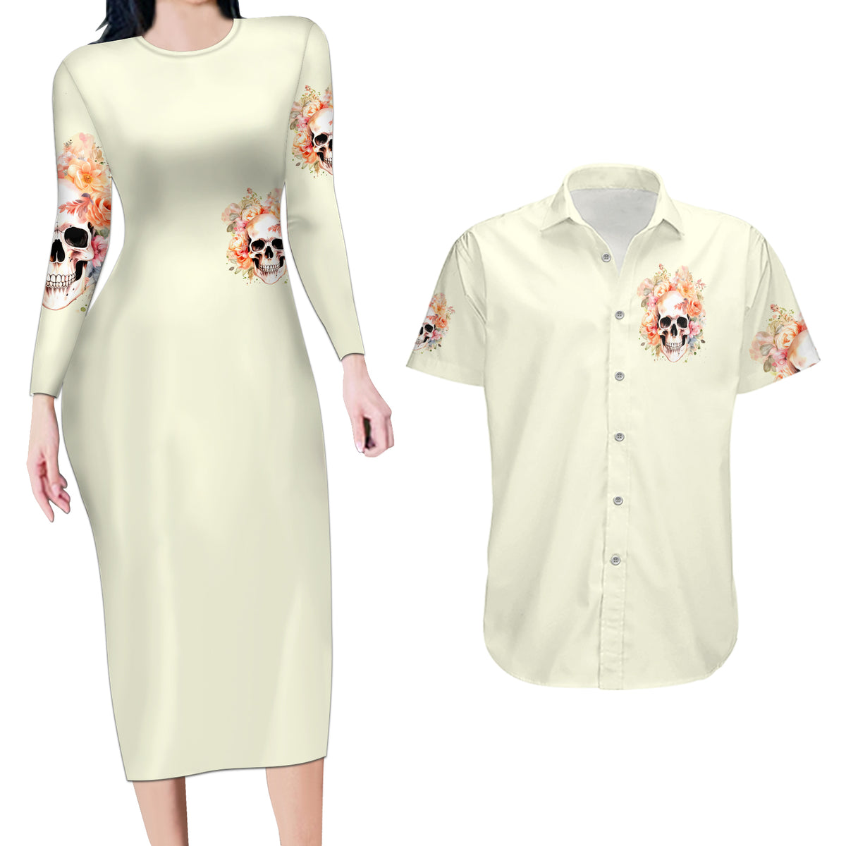Rose Skull Couples Matching Long Sleeve Bodycon Dress and Hawaiian Shirt The Good Girl In Me Got Tired Of The Bullshit - Wonder Print Shop