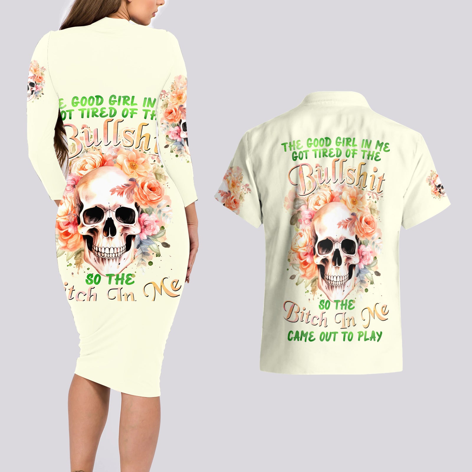 Rose Skull Couples Matching Long Sleeve Bodycon Dress and Hawaiian Shirt The Good Girl In Me Got Tired Of The Bullshit - Wonder Print Shop