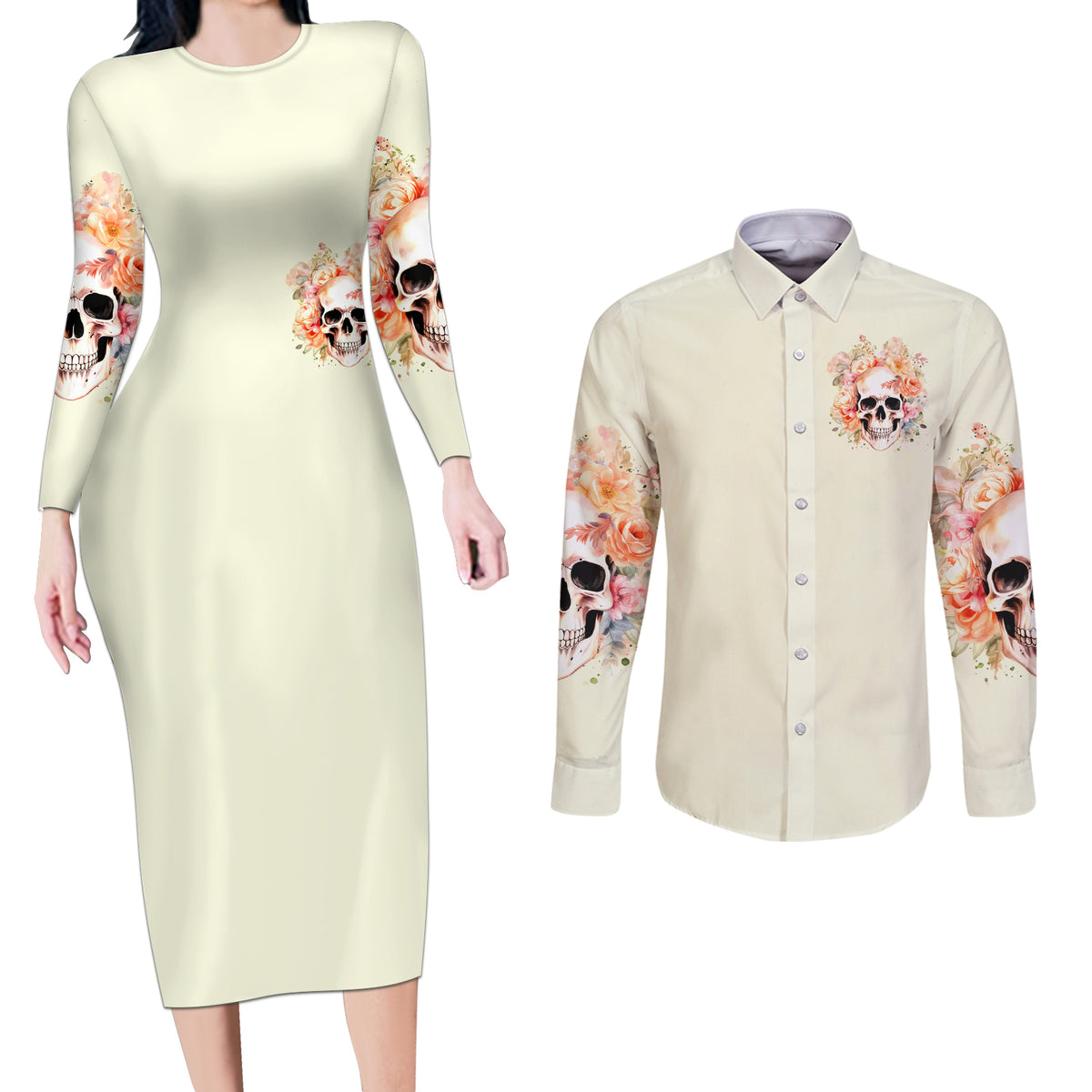 Rose Skull Couples Matching Long Sleeve Bodycon Dress and Long Sleeve Button Shirt The Good Girl In Me Got Tired Of The Bullshit - Wonder Print Shop