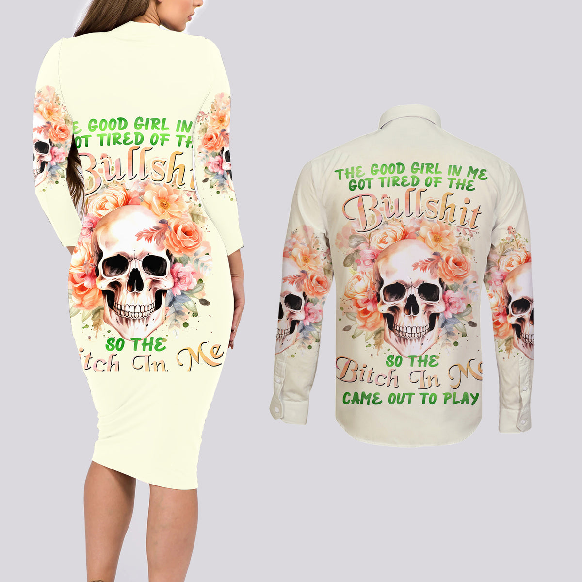 Rose Skull Couples Matching Long Sleeve Bodycon Dress and Long Sleeve Button Shirt The Good Girl In Me Got Tired Of The Bullshit - Wonder Print Shop