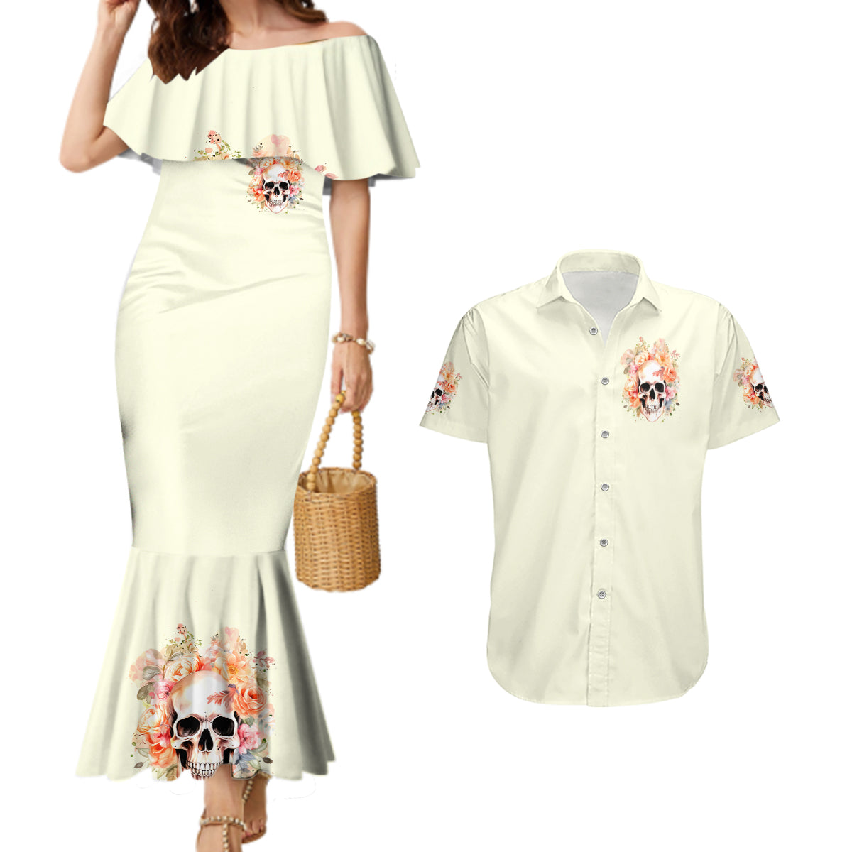 Rose Skull Couples Matching Mermaid Dress and Hawaiian Shirt The Good Girl In Me Got Tired Of The Bullshit - Wonder Print Shop