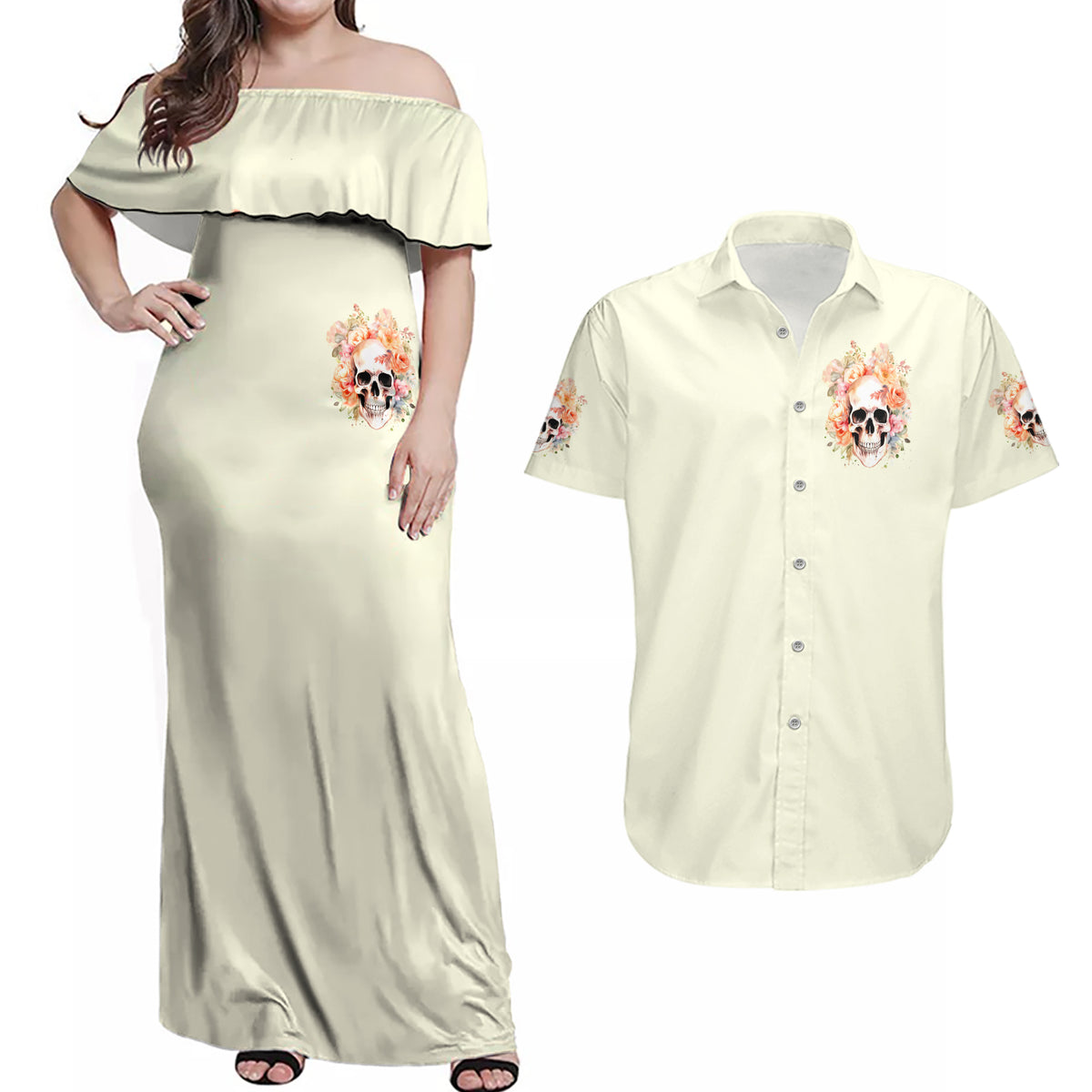 Rose Skull Couples Matching Off Shoulder Maxi Dress and Hawaiian Shirt The Good Girl In Me Got Tired Of The Bullshit - Wonder Print Shop