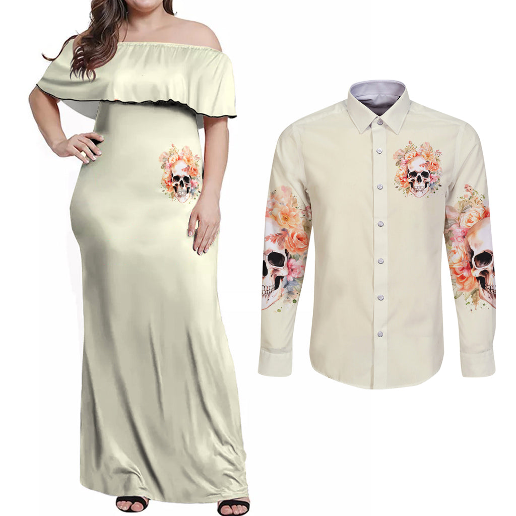 Rose Skull Couples Matching Off Shoulder Maxi Dress and Long Sleeve Button Shirt The Good Girl In Me Got Tired Of The Bullshit - Wonder Print Shop