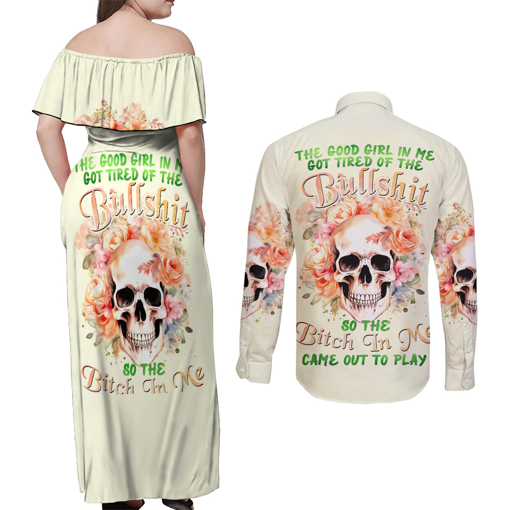 Rose Skull Couples Matching Off Shoulder Maxi Dress and Long Sleeve Button Shirt The Good Girl In Me Got Tired Of The Bullshit - Wonder Print Shop