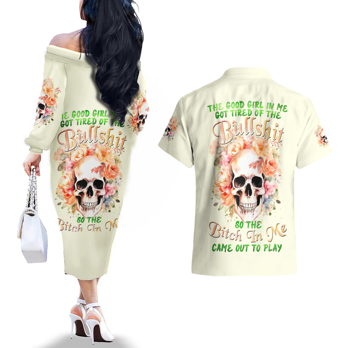Rose Skull Couples Matching Off The Shoulder Long Sleeve Dress and Hawaiian Shirt The Good Girl In Me Got Tired Of The Bullshit - Wonder Print Shop