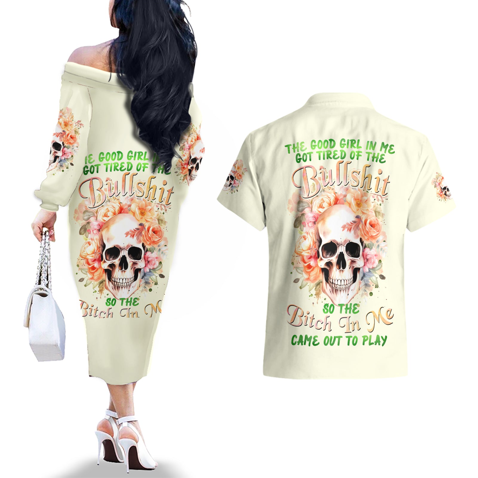 Rose Skull Couples Matching Off The Shoulder Long Sleeve Dress and Hawaiian Shirt The Good Girl In Me Got Tired Of The Bullshit - Wonder Print Shop