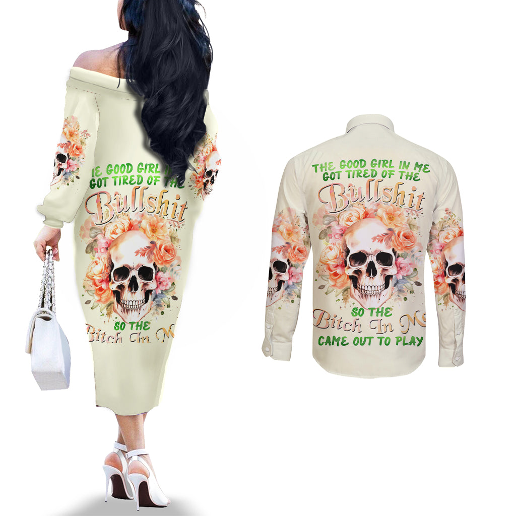 Rose Skull Couples Matching Off The Shoulder Long Sleeve Dress and Long Sleeve Button Shirt The Good Girl In Me Got Tired Of The Bullshit