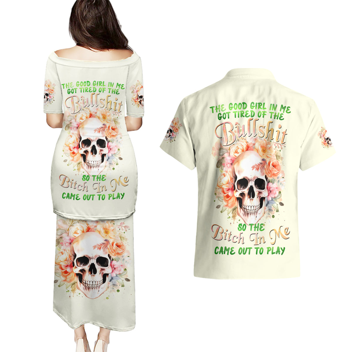 Rose Skull Couples Matching Puletasi and Hawaiian Shirt The Good Girl In Me Got Tired Of The Bullshit - Wonder Print Shop