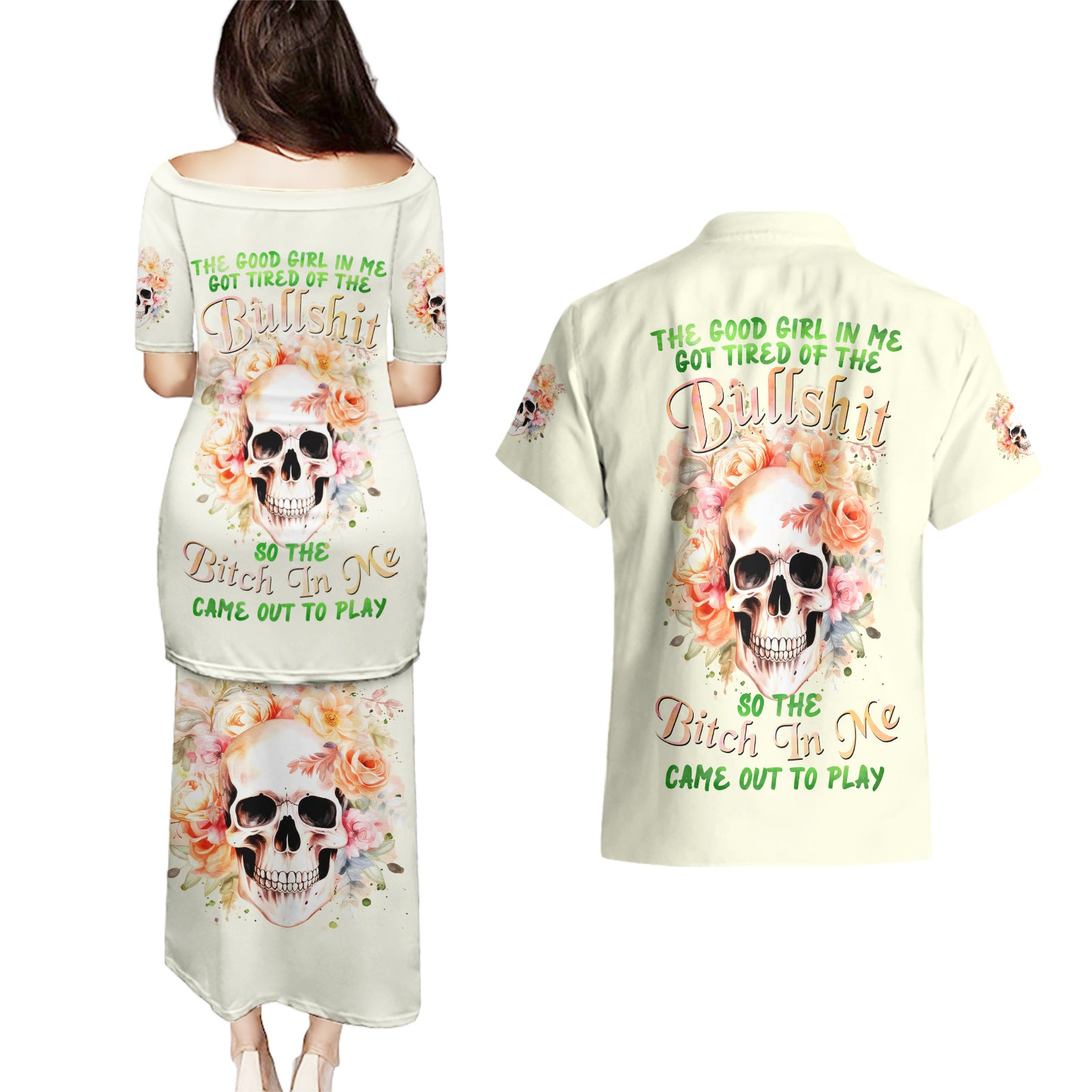 Rose Skull Couples Matching Puletasi and Hawaiian Shirt The Good Girl In Me Got Tired Of The Bullshit - Wonder Print Shop
